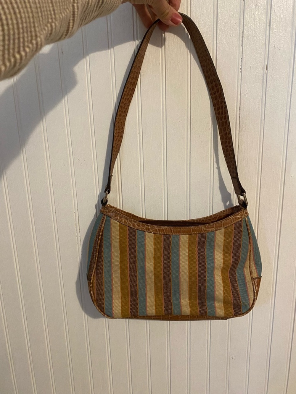VINTAGE Y2K  Liz Claiborne Multicolor Striped Shoulder Bag with Brown Trim